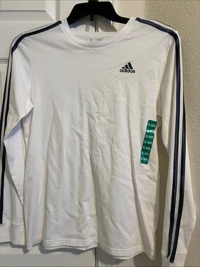 adidas White Long-Sleeve Crew Shirt with Navy Sleeve Stripes